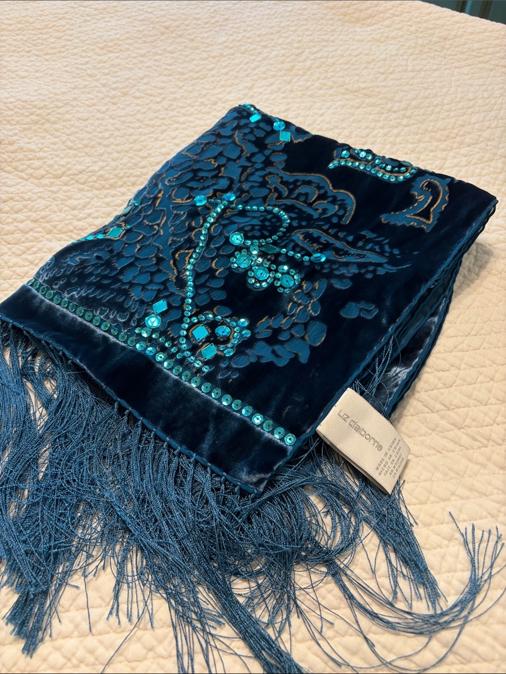 Liz Claiborne dark blue w Teal and gold accents Velvet Fringe Shawl - Picture 8 of 9